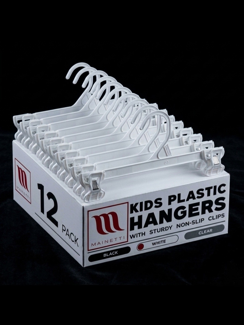 NWT Mainetti 6110 Kids Pants Skirt Hangers 10" White Plastic Clips - Lot of 12